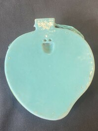 A rare Chinese famille rose peach-shaped wall pocket vase with inscription, 19th C.