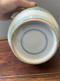 A Chinese famille verte rouleau vase with narrative design, 19th C.