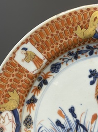 Three Chinese Imari-style 'Parasol ladies' plates after Cornelis Pronk, Qianlong