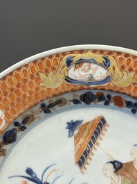 Three Chinese Imari-style 'Parasol ladies' plates after Cornelis Pronk, Qianlong