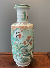 A Chinese famille verte rouleau vase with narrative design, 19th C.