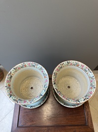 A pair of fine Chinese Canton famille rose jardinieres on stands, 19th C.