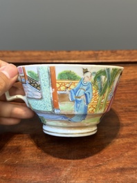 A rare Chinese Canton famille rose covered sugar bowl, a cup and saucer, 19th C.