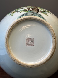 A Chinese famille rose relief-molded 'tianqiuping' vase with nine peaches, Qianlong mark, 19/20th C.