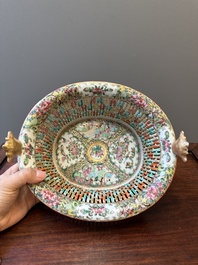 A Chinese Canton famille rose reticulated basket on stand and a bowl with gilt bronze mounts, 19th C.