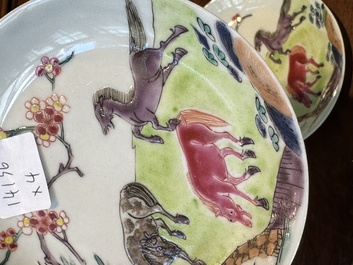 A pair of Chinese famille rose cups and saucers with horses, Yongzheng