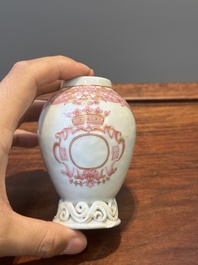 A 28-piece Chinese puce-enamelled and gilt armorial tea service with crowned monograms, Qianlong
