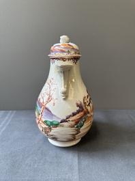 Ensemble des quatre tasses, soucoupes et une verseuse en porcelaine de Chine famille rose &agrave; d&eacute;cor de deux chevaux, Qianlong