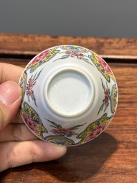 Five Chinese famille rose cups and six saucers with floral decor, Yongzheng/Qianlong