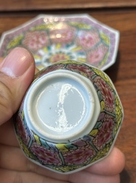 Nine Chinese famille rose cups and eight saucers, Yongzheng/Qianlong
