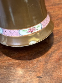 A Chinese capucin-brown-ground famille rose garniture of five vases with floral design, Qianlong