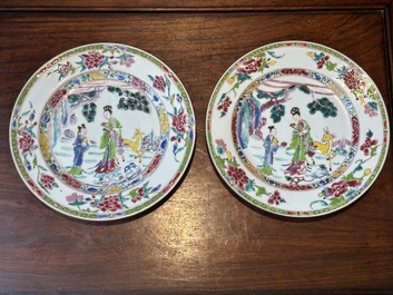 A pair of Chinese famille rose 'Magu' plates, Yongzheng