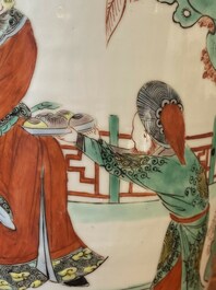 A Chinese famille verte rouleau vase with narrative design, 19th C.