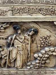 A Chinese Canton carved wooden casket with a famille rose plaque, Republic