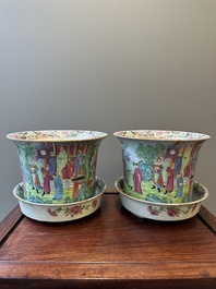 A pair of fine Chinese Canton famille rose jardinieres on stands, 19th C.