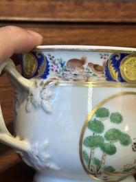 A rare Chinese Canton famille rose covered sugar bowl, a cup and saucer, 19th C.