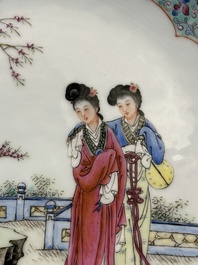 A Chinese famille rose dish with figural design and a 'rice production' vase, Qianlong mark, 20th C.