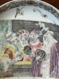 Een zeldzame Chinese rose-grisaille kop en schotel naar 'Acteurs uit de Franse Komedie' door Watteau, Yongzheng/Qianlong