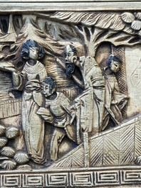 A Chinese Canton carved wooden casket with a famille rose plaque, Republic