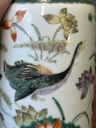 A Chinese famille verte 'mandarin duck and lotus' rouleau vase , 19th C.