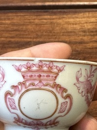 A 28-piece Chinese puce-enamelled and gilt armorial tea service with crowned monograms, Qianlong