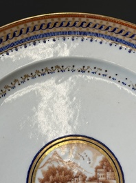 A Chinese blue-and-orange-enameled plate with a harbor view, Jiaqing