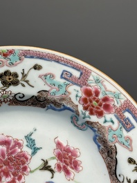 Four Chinese famille rose plates with flowers and animals, Yongzheng/Qianlong