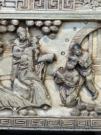 A Chinese Canton carved wooden casket with a famille rose plaque, Republic