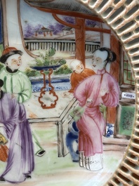 An oval Chinese Canton famille rose dish with a reticulated border, 19th C.