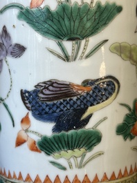 A Chinese famille verte 'mandarin duck and lotus' rouleau vase , 19th C.