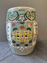 A Chinese famille rose garden seat with birds among blossoming branches, 19th C.