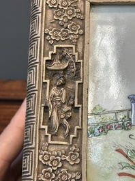 A Chinese Canton carved wooden casket with a famille rose plaque, Republic
