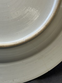 A Chinese grisaille armorial dish and two plates for the Dutch, English and Scottish markets, Qianlong