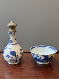 A Chinese blue and white bowl and a silver mounted vase, Shen De Tang Zhi 慎德堂製 mark, Kangxi