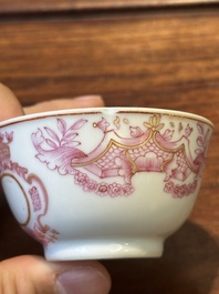 A 28-piece Chinese puce-enamelled and gilt armorial tea service with crowned monograms, Qianlong