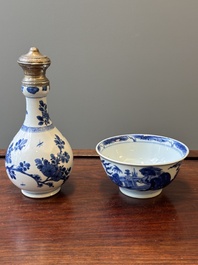 A Chinese blue and white bowl and a silver mounted vase, Shen De Tang Zhi 慎德堂製 mark, Kangxi