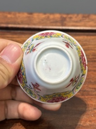 Five Chinese famille rose cups and six saucers with floral decor, Yongzheng/Qianlong