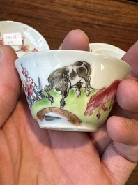 A pair of Chinese famille rose cups and saucers with horses, Yongzheng