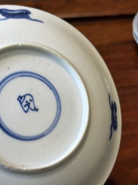 Six Chinese blue and white 'Long Eliza' cups and saucers, various marks, Kangxi
