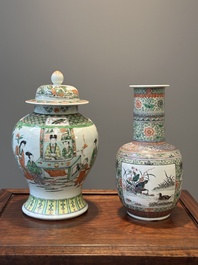A Chinese famille verte covered vase and a bottle vase, 19th C.