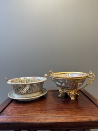 A Chinese Canton famille rose reticulated basket on stand and a bowl with gilt bronze mounts, 19th C.