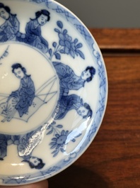Six Chinese blue and white 'Long Eliza' cups and saucers, various marks, Kangxi