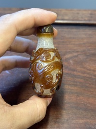 A rare Chinese brown-overlay white glass snuff bottle with chilong design, Qianlong/Jiaqing