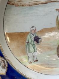 A rare Chinese Canton famille rose plate with a blue-glazed border, 19th C.