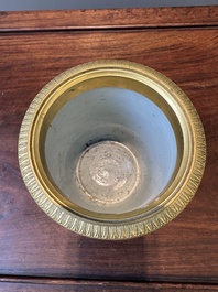 A Chinese famille rose 'Tao Yuanming 陶淵明' brush pot with gilt bronze mounts, Yongzheng