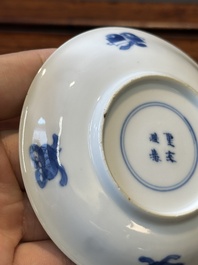 Six Chinese blue and white 'Long Eliza' cups and saucers, various marks, Kangxi