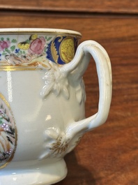 A rare Chinese Canton famille rose covered sugar bowl, a cup and saucer, 19th C.