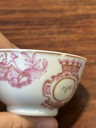 A 28-piece Chinese puce-enamelled and gilt armorial tea service with crowned monograms, Qianlong