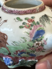 A pair of Chinese famille rose 'boy and buffalo' teapots, Yongzheng