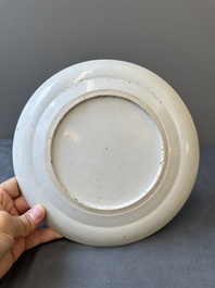 A pair of Chinese monogrammed Canton famille rose plates with black-glazed rims, 19th C.